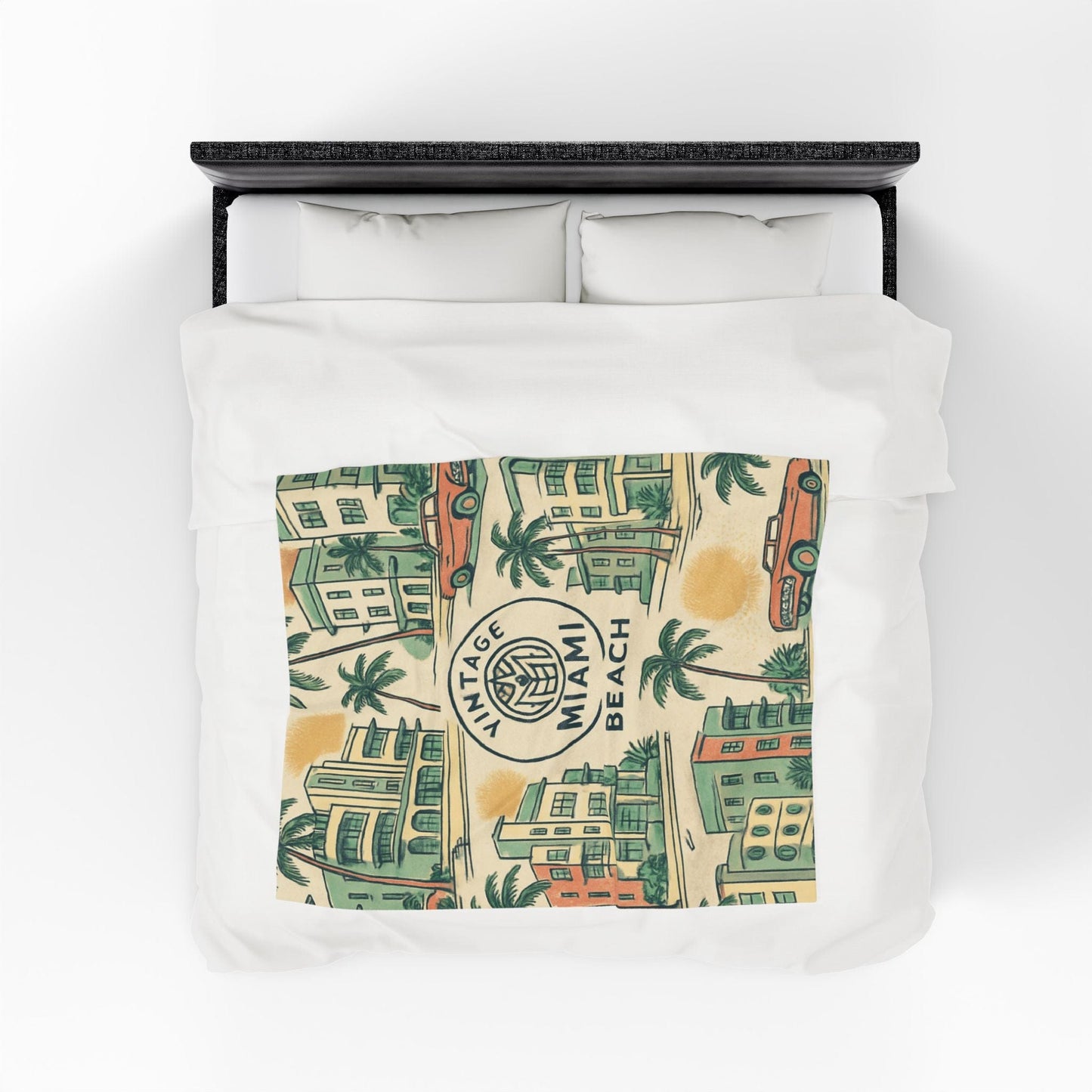 Duvet cover with 'Vintage Miami Beach' design featuring palm trees and buildings.