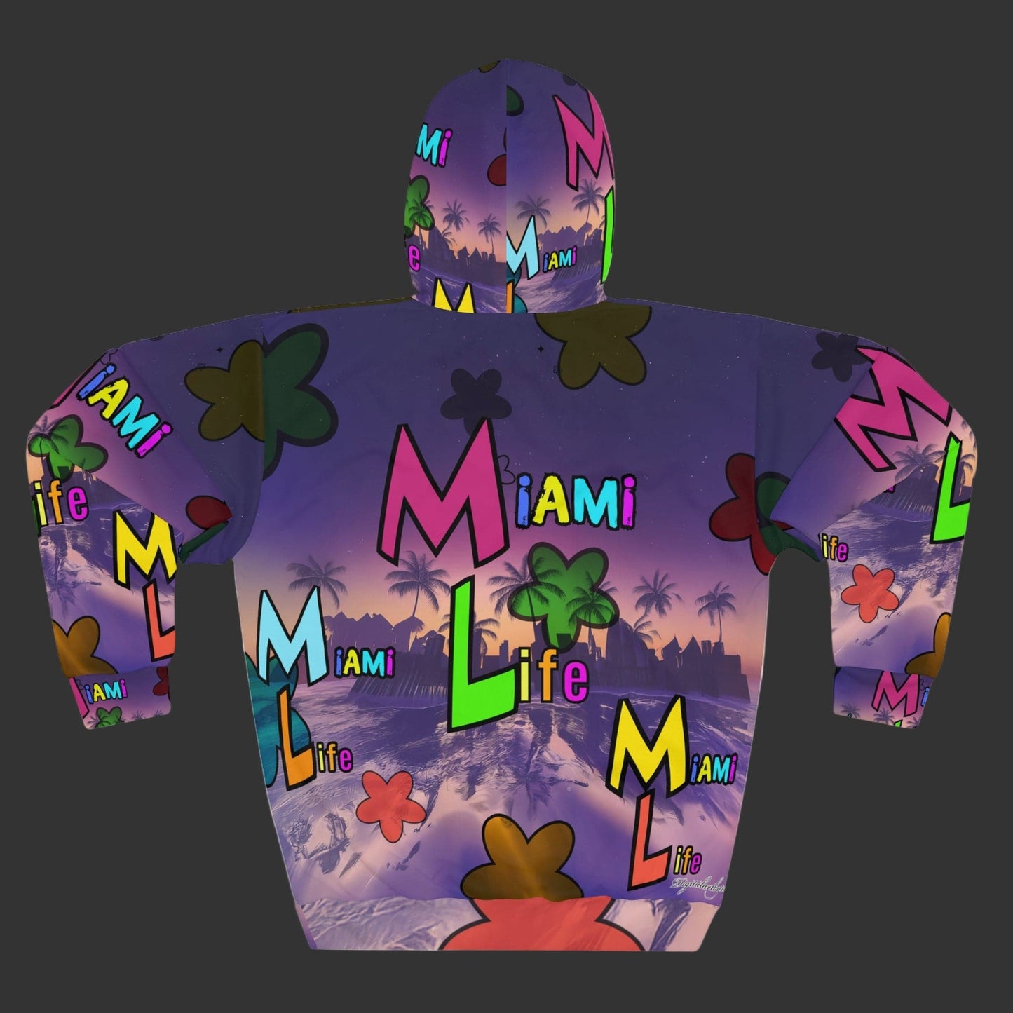 Colorful hoodie with 'Miami Life' text and palm tree design on a white background