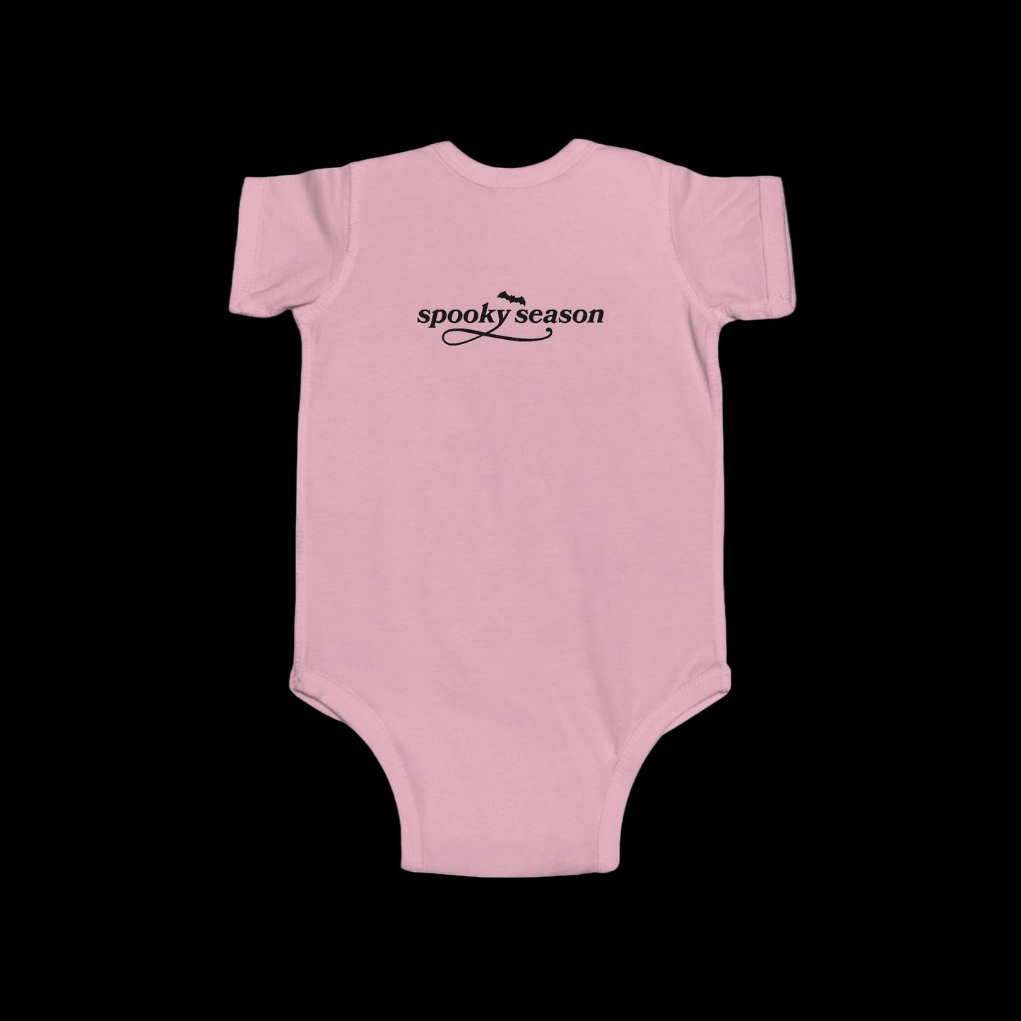 Pink baby onesie with 'spooky season' text on a white background-(Back)