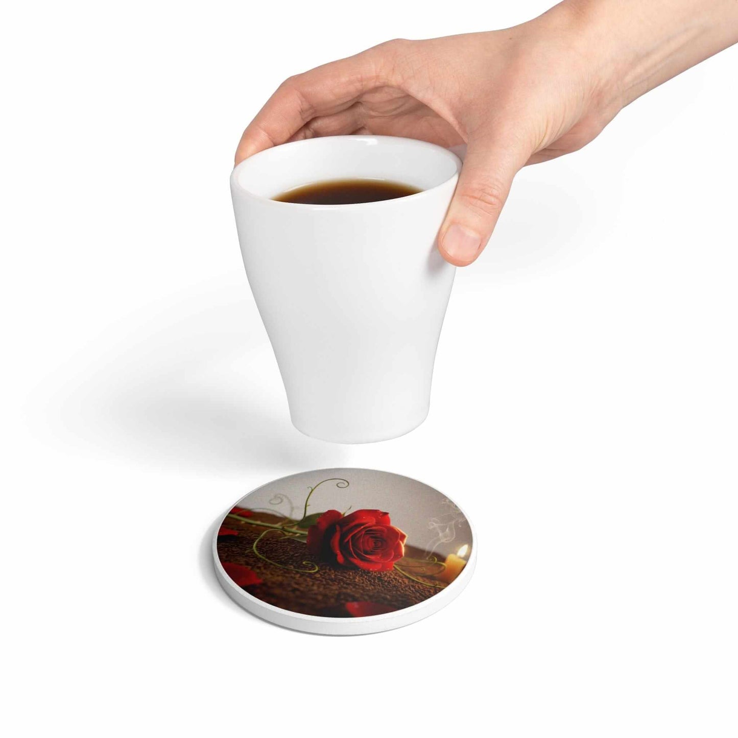 Romantic Red Rose Candle ceramic coaster with red rose and smoky candle image on dirt tabletop design