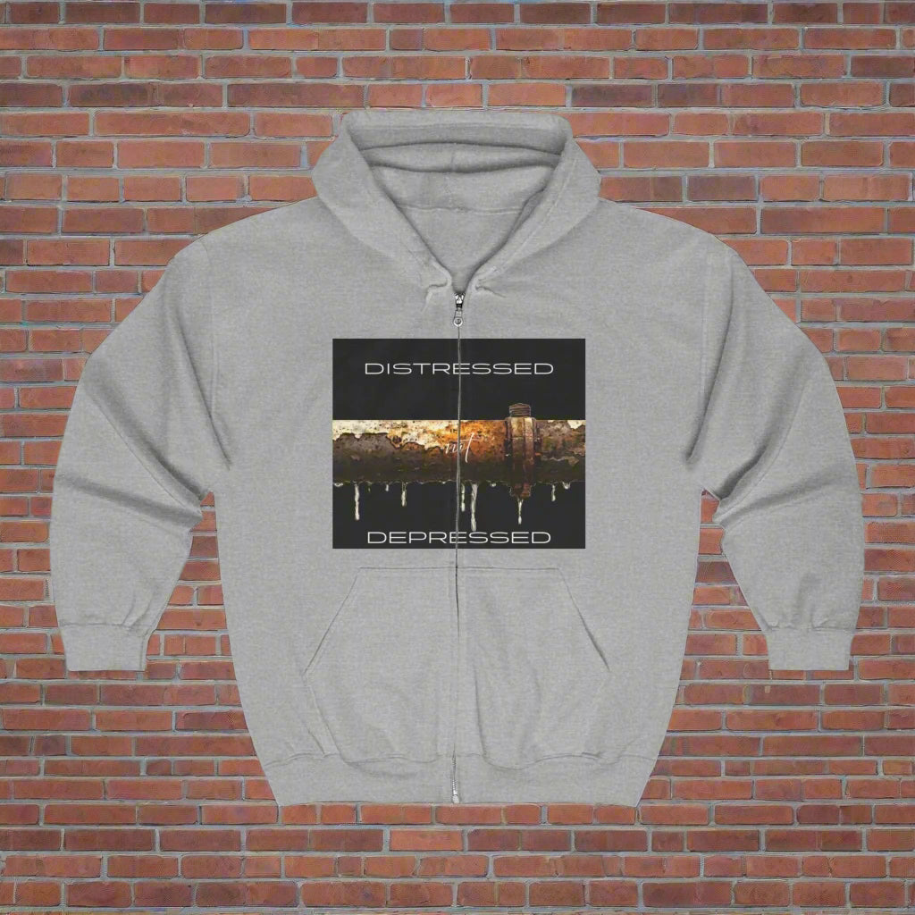 Gray hoodie with a graphic design on a gray background