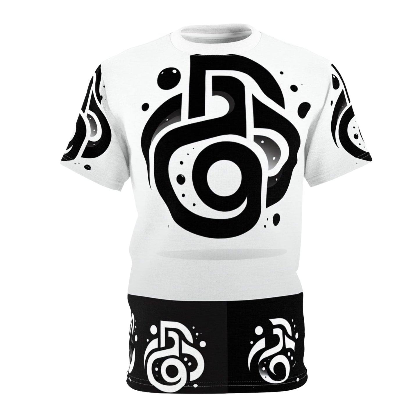 White t-shirt with black abstract patterns on a white background
