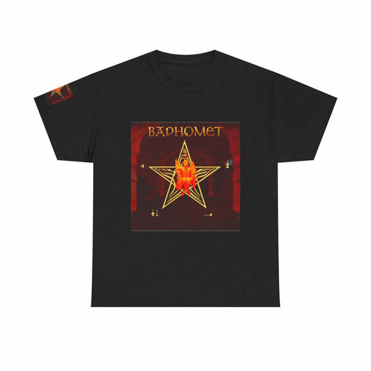 Red-to-black Baphomet Pentagram Tee with inverted pentagram graphic on cotton fabric