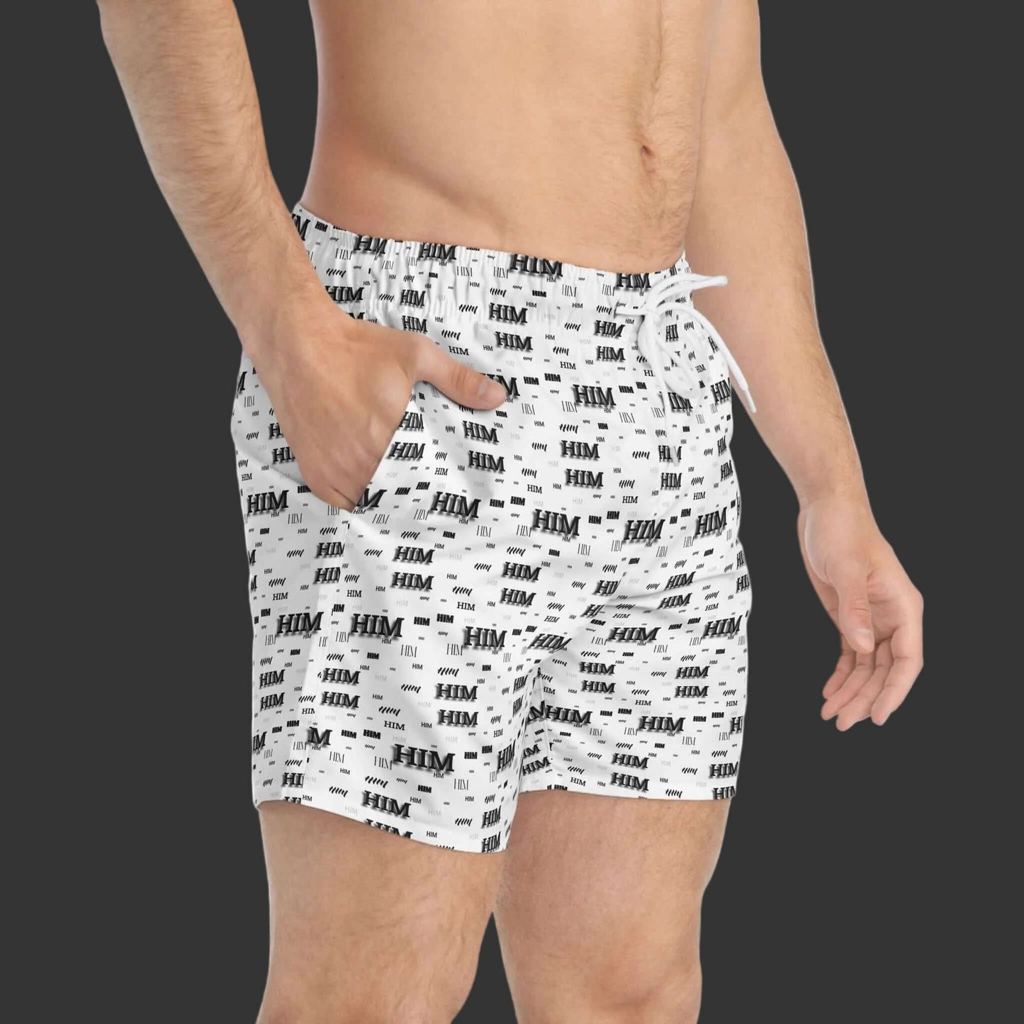 Men's HIM Pattern Swim Trunks with vibrant all-over print, quick-dry fabric, and adjustable drawstring waist