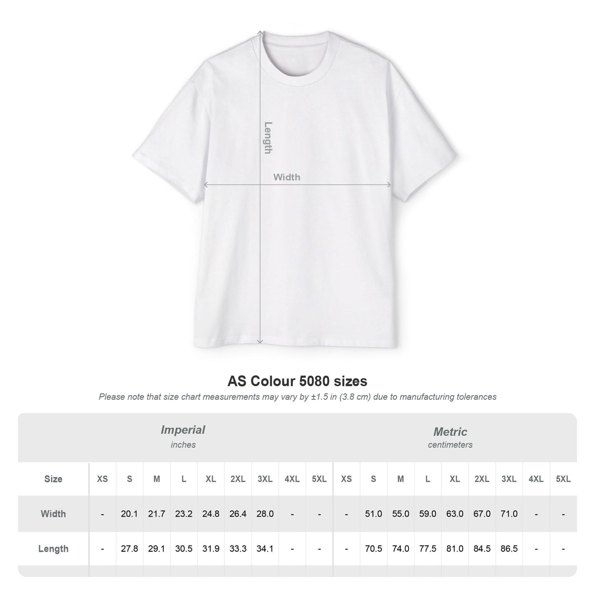 White t-shirt with measurement chart on a white background