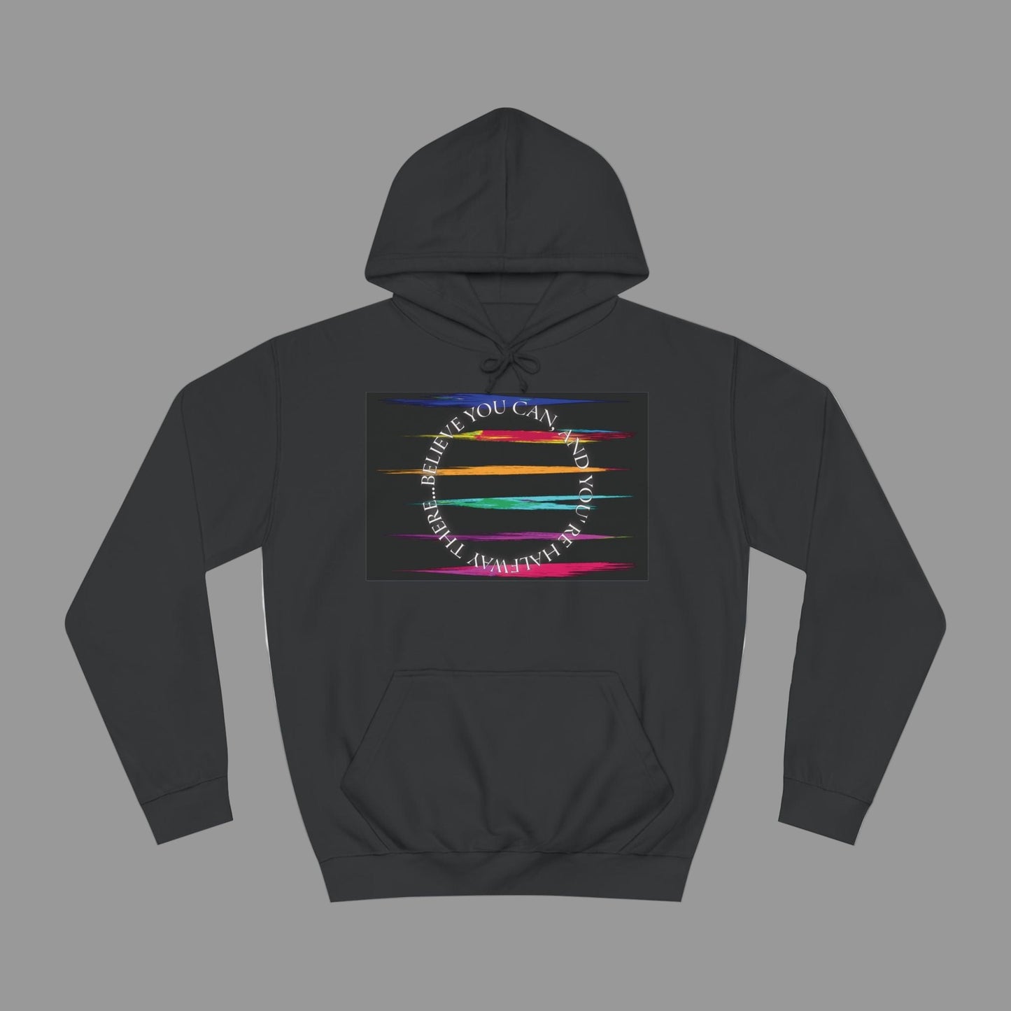 Black hoodie with colorful design on a white background