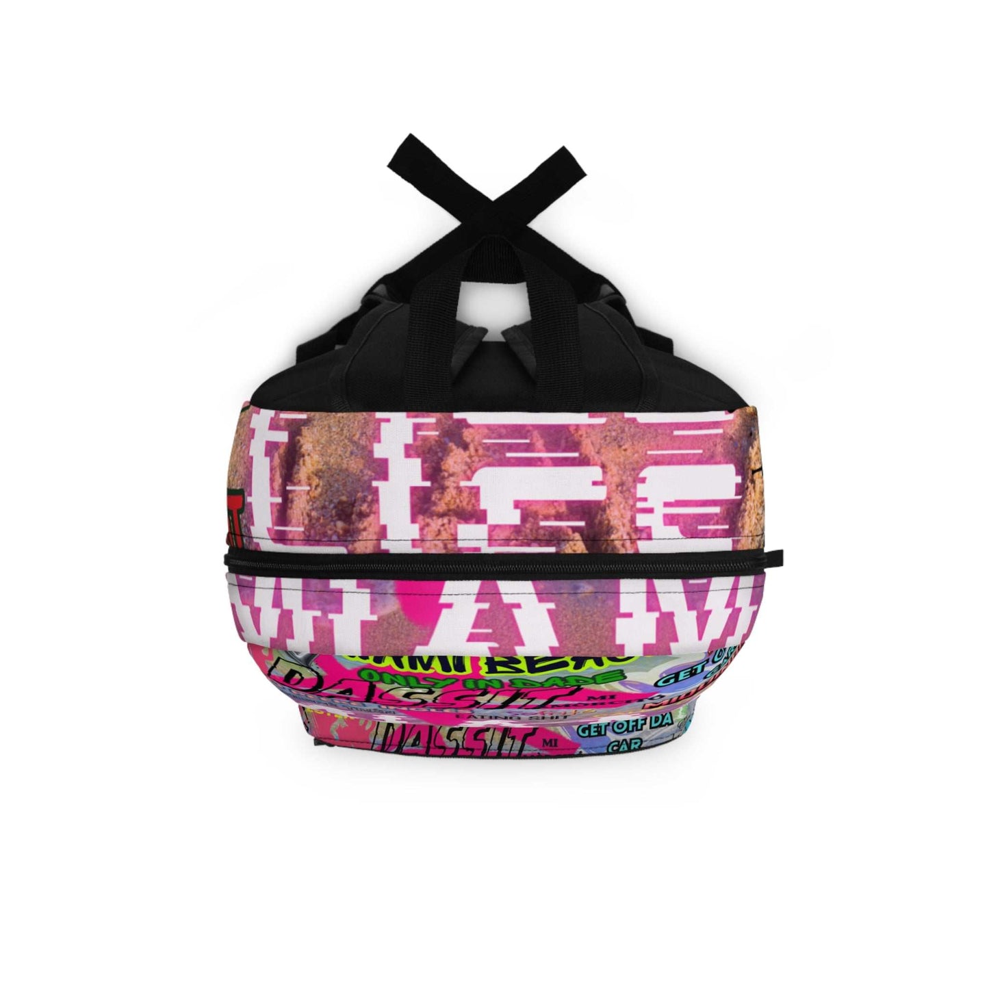 Colorful Miami Vibes Graphic Backpack with neon graffiti street art and multiple zippered pockets