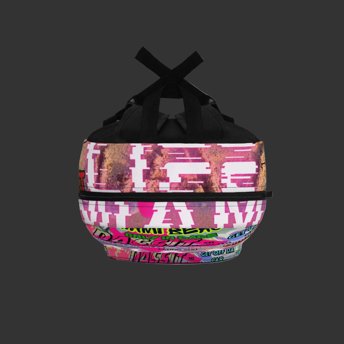 Miami Vibes Graphic Backpack with neon graffiti street art design and multiple compartments