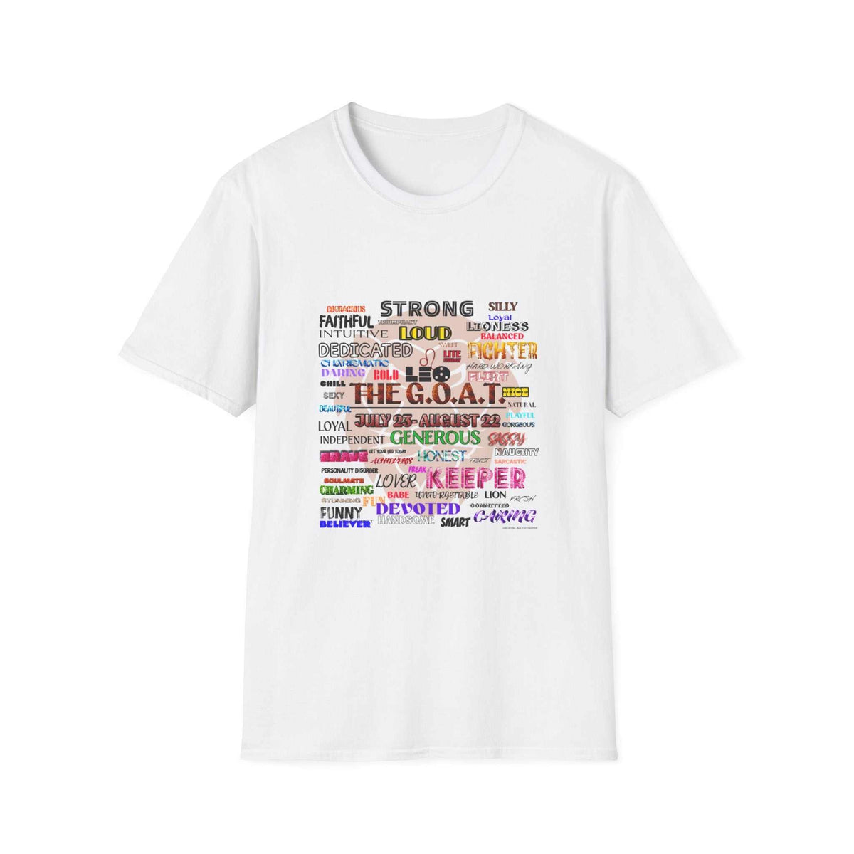 Natural cotton G.O.A.T. Word Cloud T-Shirt with colorful word-cloud design and ribbed collar