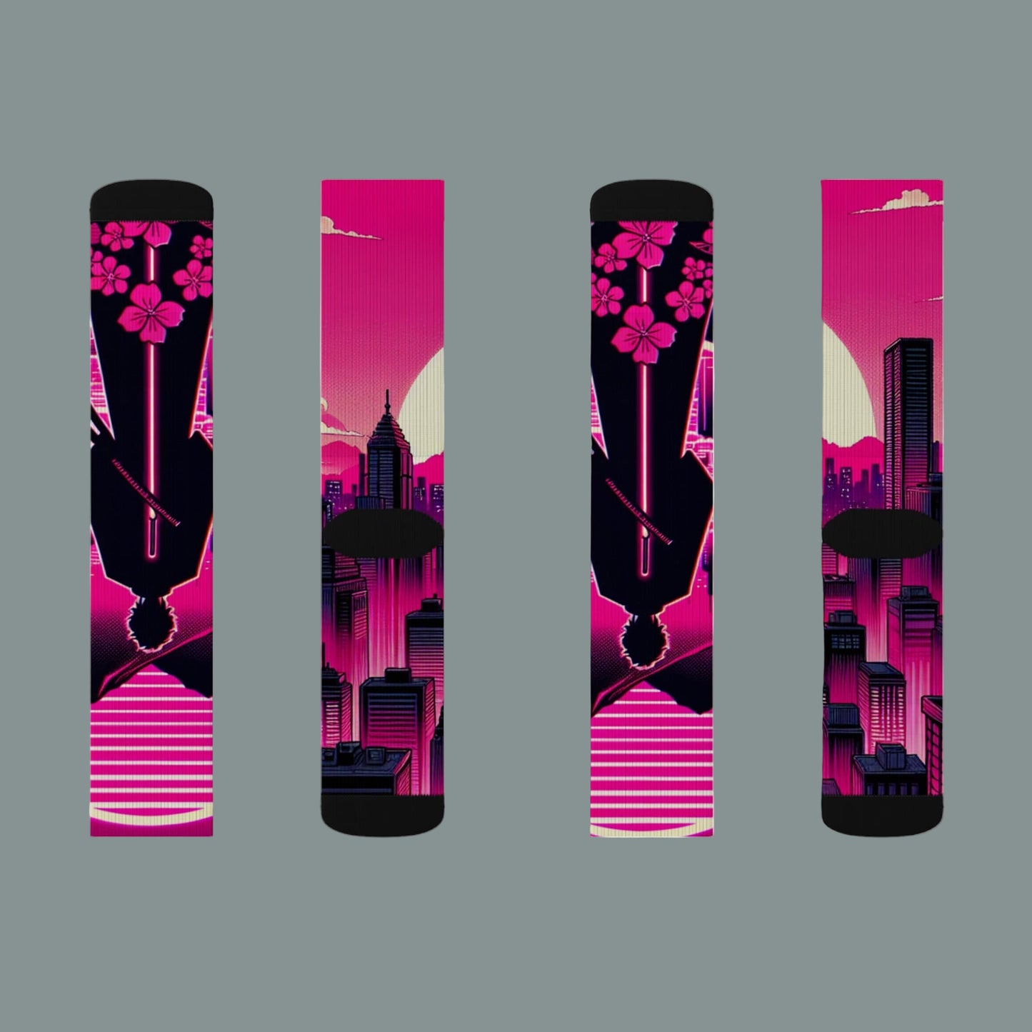 Two pairs of socks with a cityscape and floral design on a pink background.
