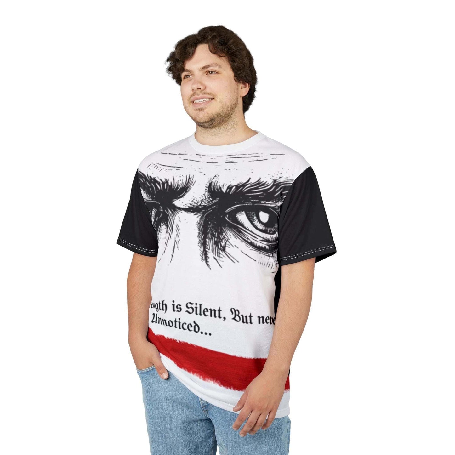 Eyes & Quote Tee with intense eyes graphic and "True Strength is Silent, But Never Unnoticed" text on chest