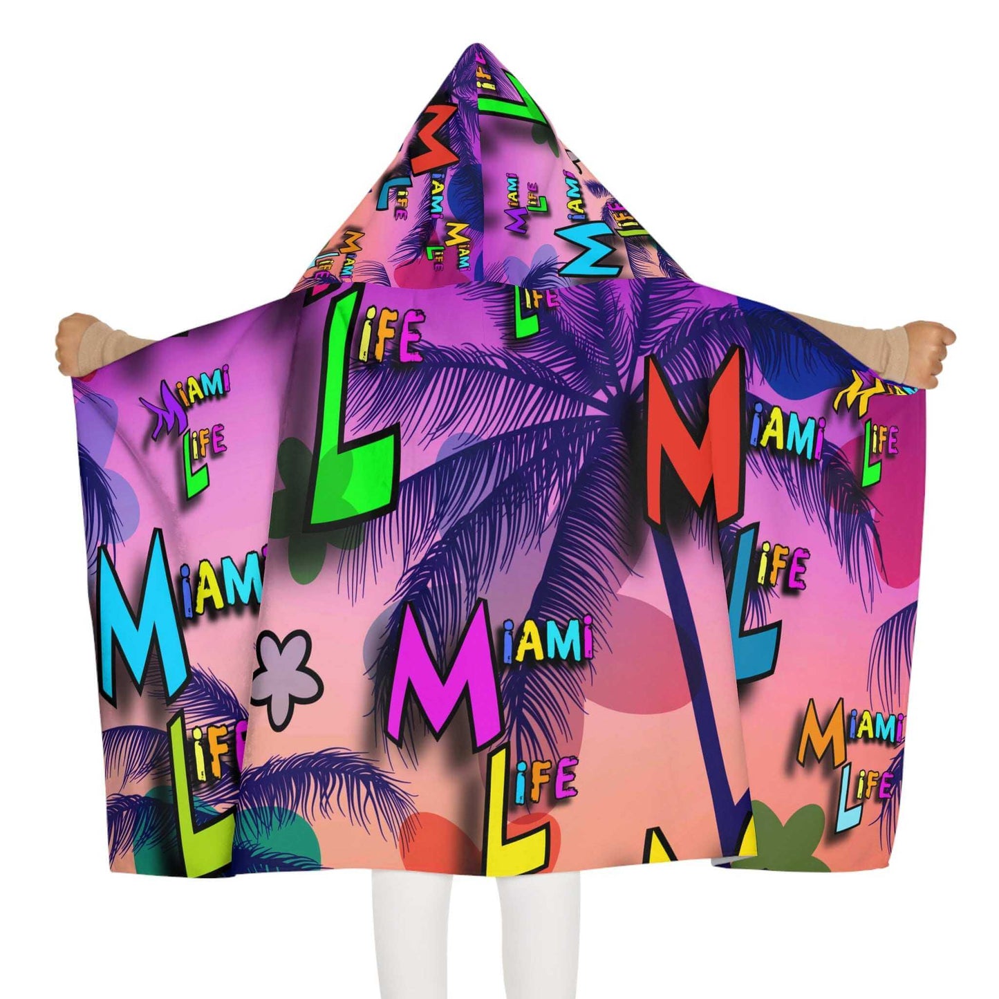 Miami Vibes Kids Hooded Towel with bright colors and quick-drying polyester outer layer