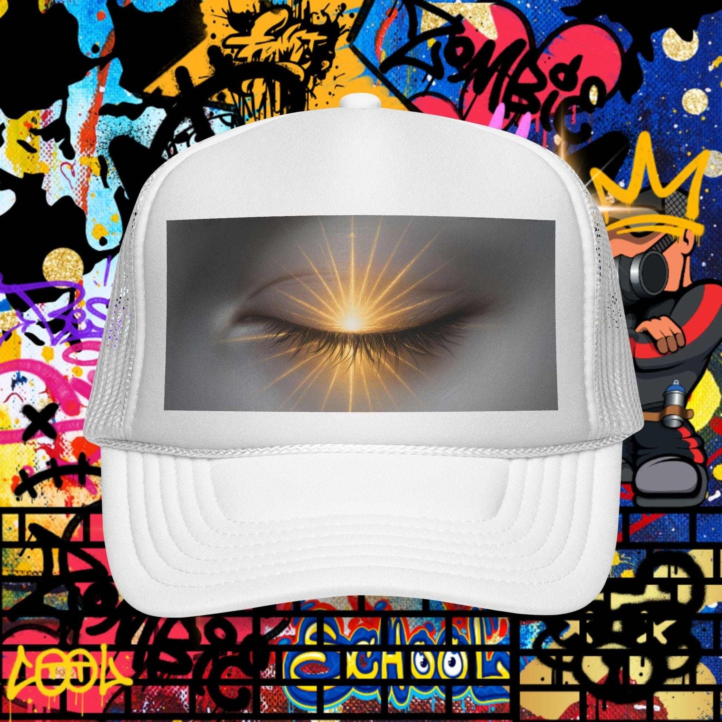 Trucker Cap — Closed Eye Light Design Always Love with a serene closed eye and bright beam on a colorful graffiti background.