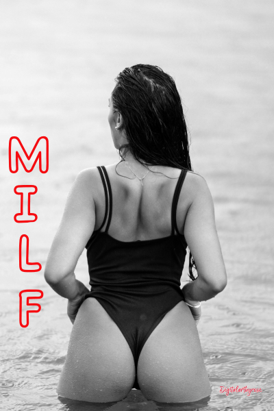 Person in a swimsuit standing in water with 'MILF' text overlay