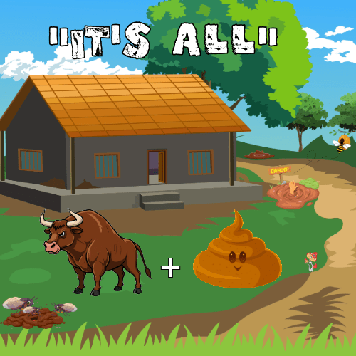 Cartoon-style illustration of a bull and a smiling pile of dung in front of a house with trees in the background.