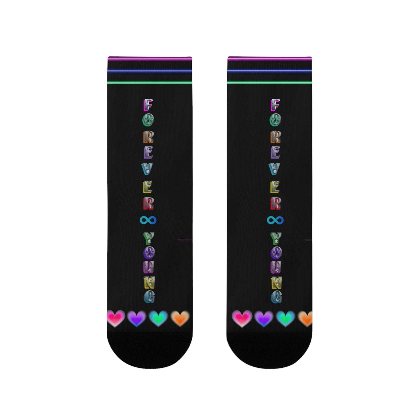Forever Young Neon Crew Socks with multicolor neon lettering and heart toe design