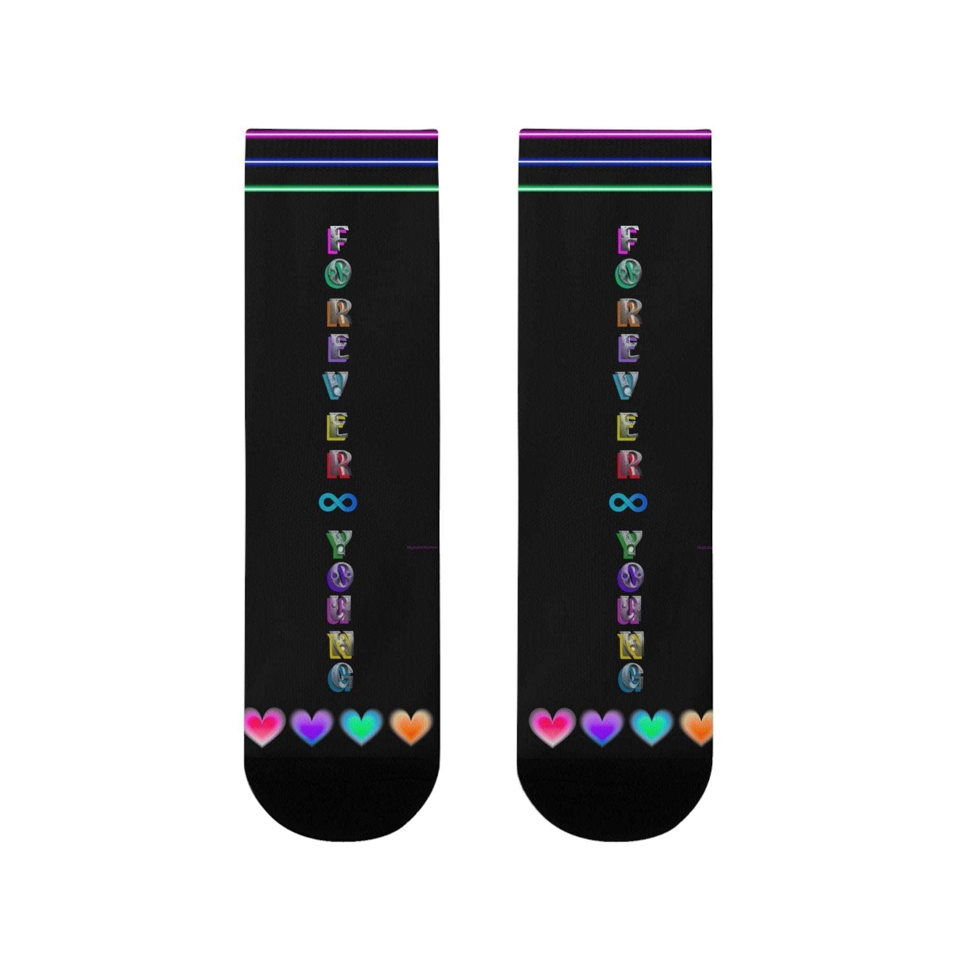 Forever Young Neon Crew Socks with multicolor neon lettering and heart toe design