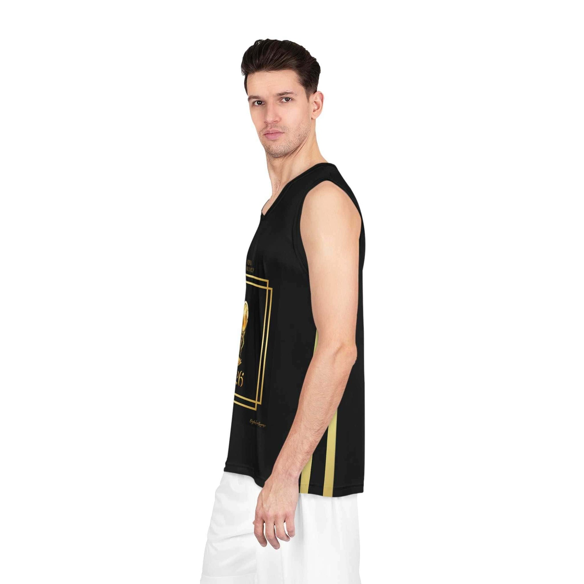 Miami Gold on Black basketball jersey with gold vertical stripes for FIFA World Cup 2026 tribute