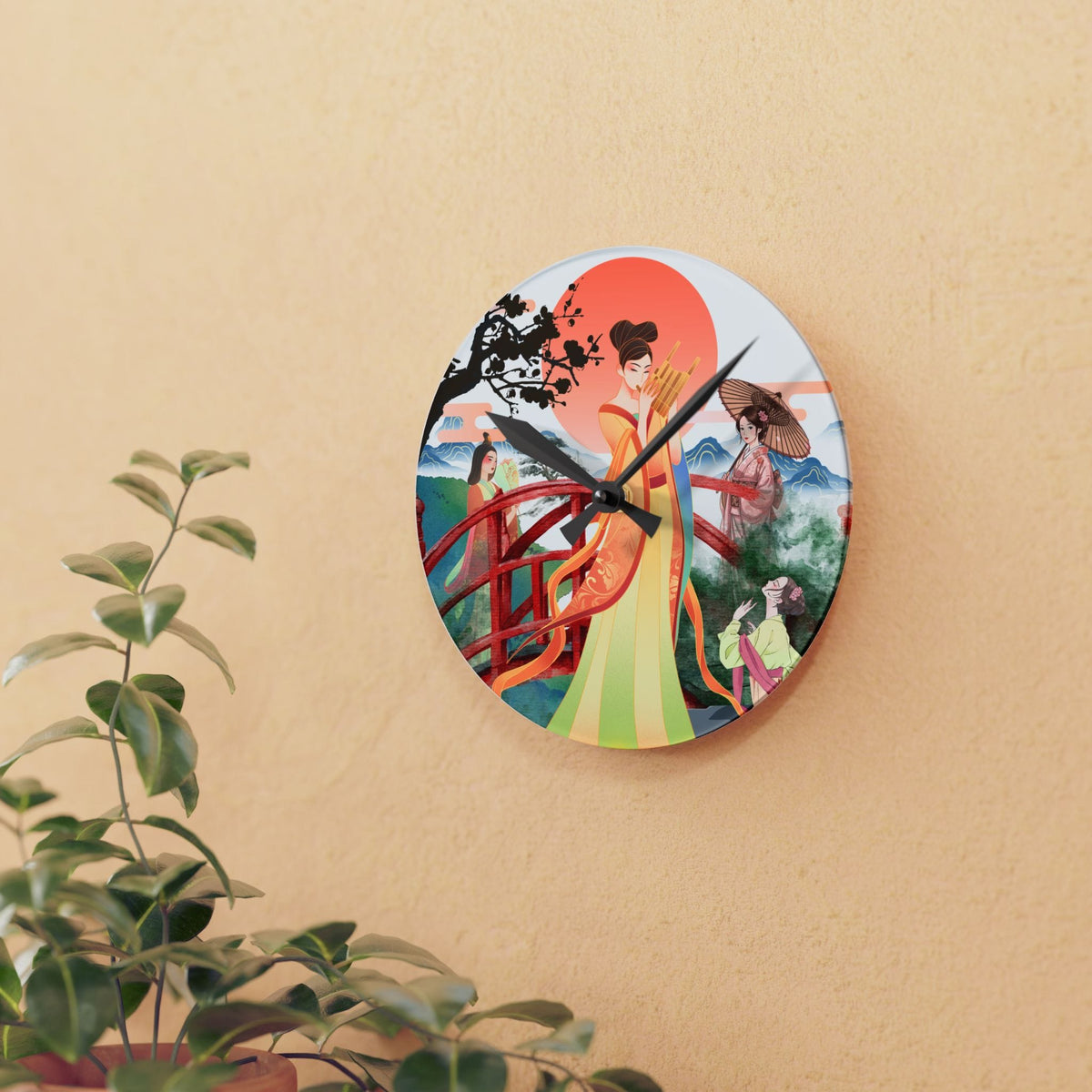 Oriental Garden Acrylic Wall Clock — Asian-Inspired Scenic Art Timepiece