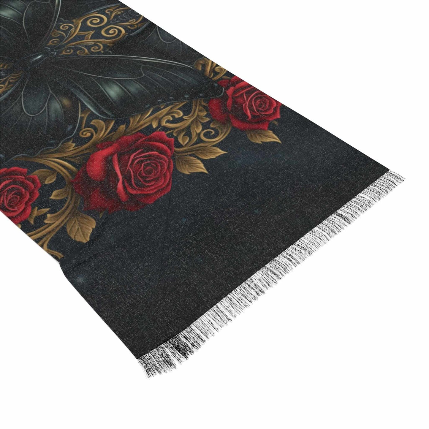 Black scarf with gold-accented gothic roses and a large black butterfly design