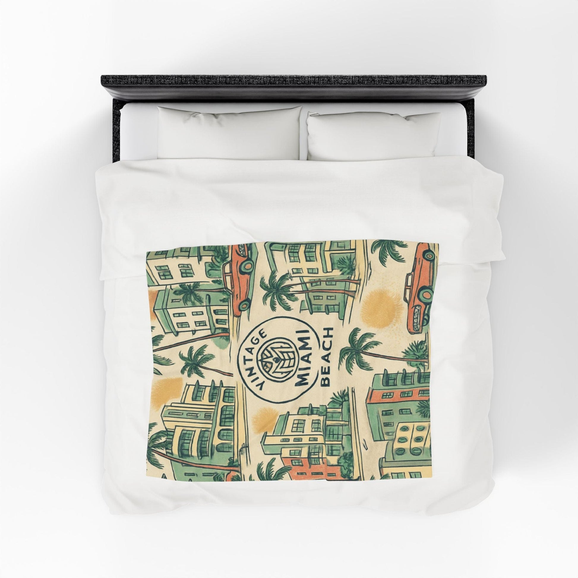 Duvet cover with 'Vintage Miami Beach' design featuring palm trees and buildings.