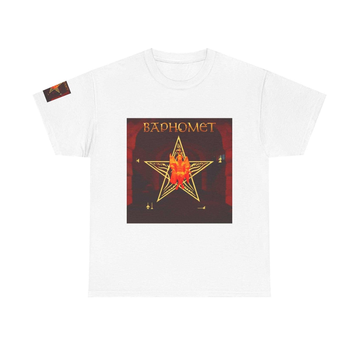 Red-to-black Baphomet Pentagram Tee with mythic graphic on cotton fabric