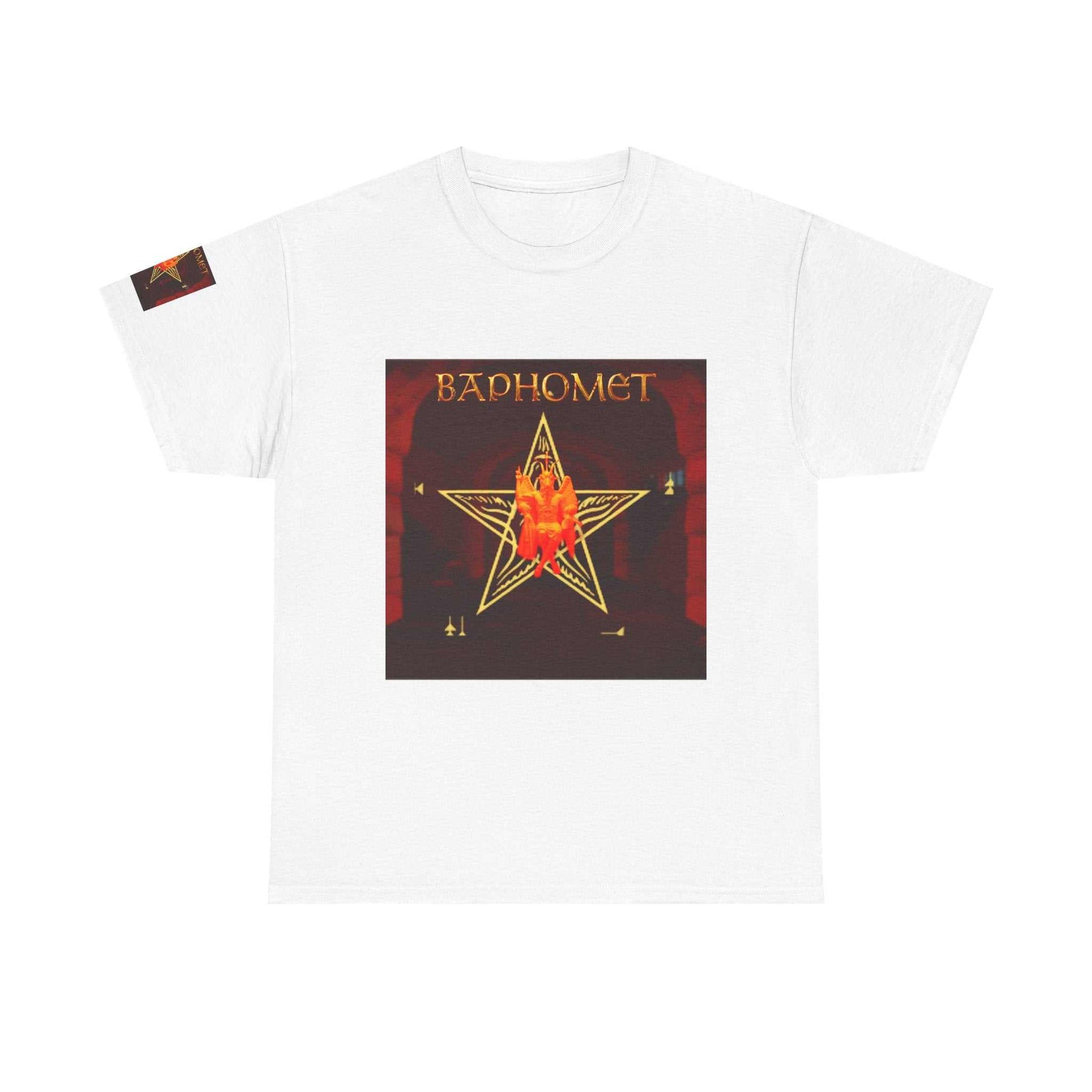 Red-to-black Baphomet Pentagram Tee with mythic graphic on cotton fabric