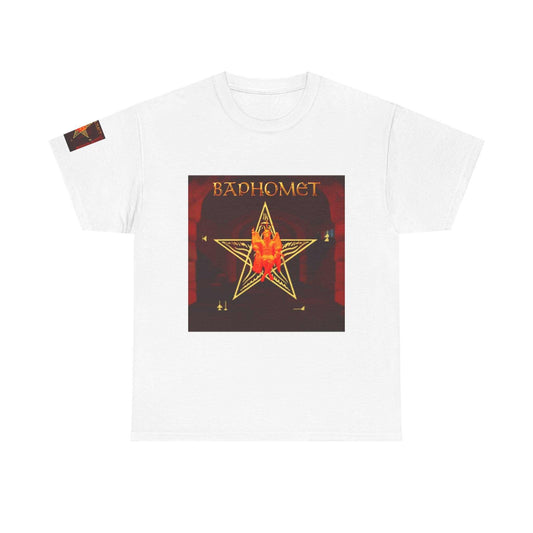 Red-to-black Baphomet Pentagram Tee with mythic graphic on cotton fabric
