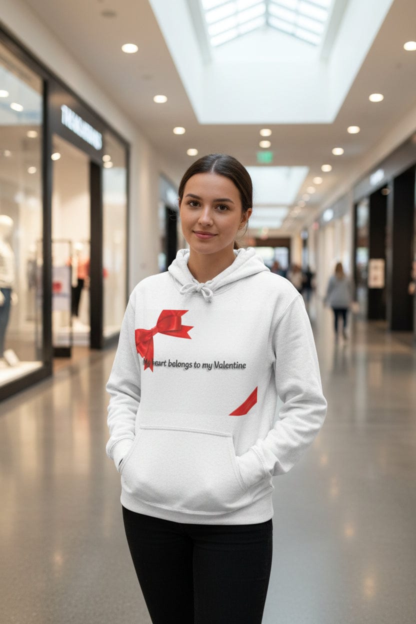 White hoodie with red bow design and text on a white background