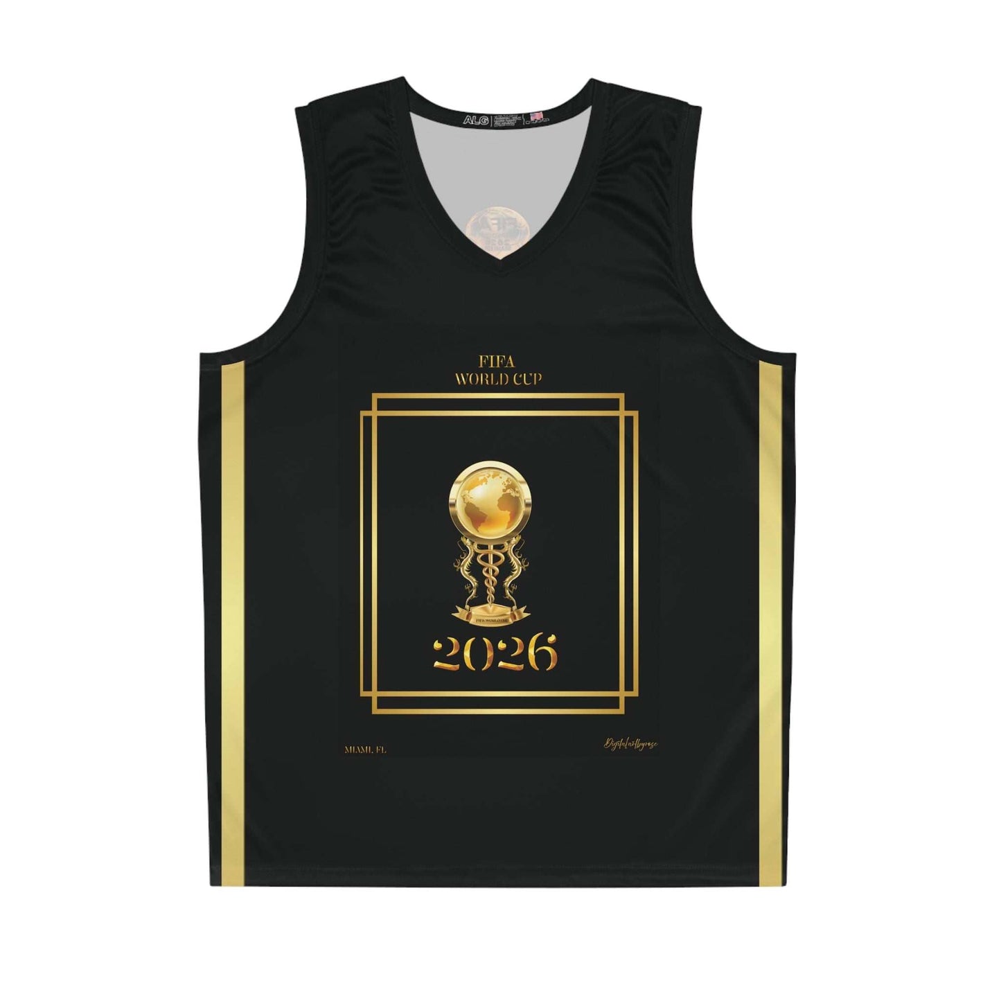 Miami Gold on Black basketball jersey with gold vertical stripes for FIFA World Cup 2026 tribute