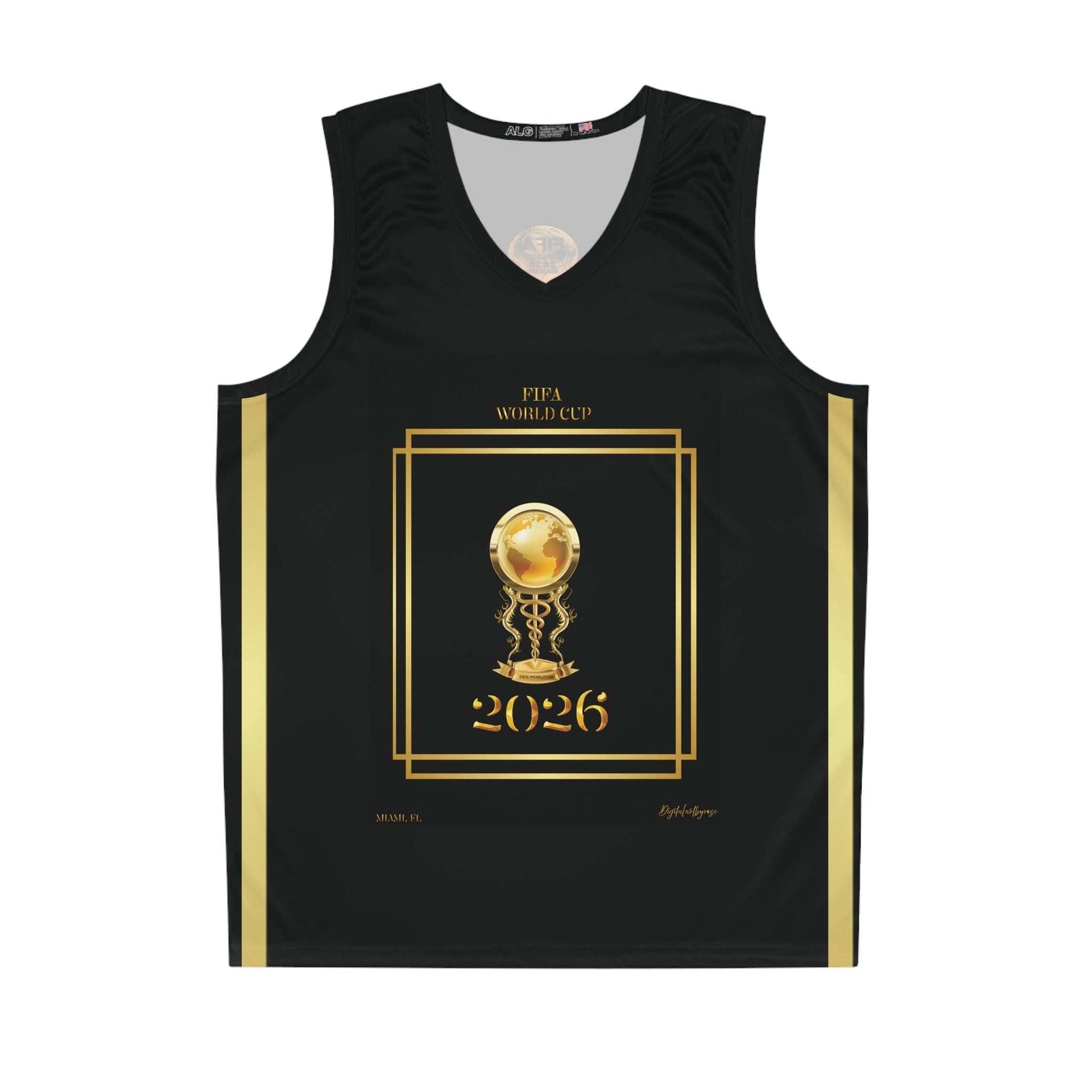 Miami Gold on Black basketball jersey with gold vertical stripes for FIFA World Cup 2026 tribute