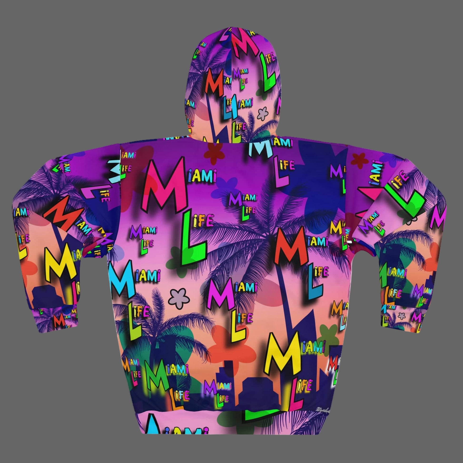 Colorful hoodie with 'Miami Life' text and palm tree design on a white background