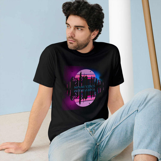 Retro Cyber City T-Shirt with neon sunset skyline graphic on organic cotton fabric
