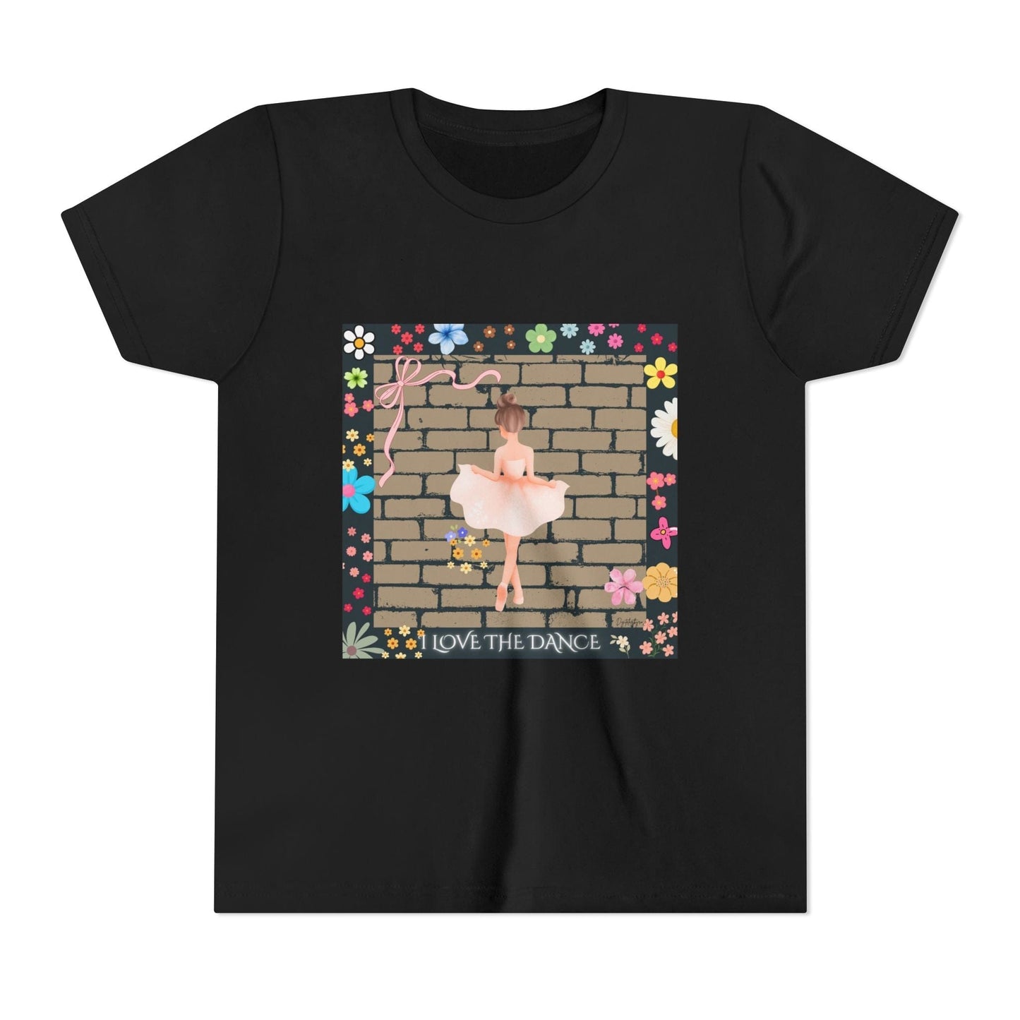 Youth ballet tee with delicate ballerina and floral border, soft cotton fabric, light as a whispered first bow