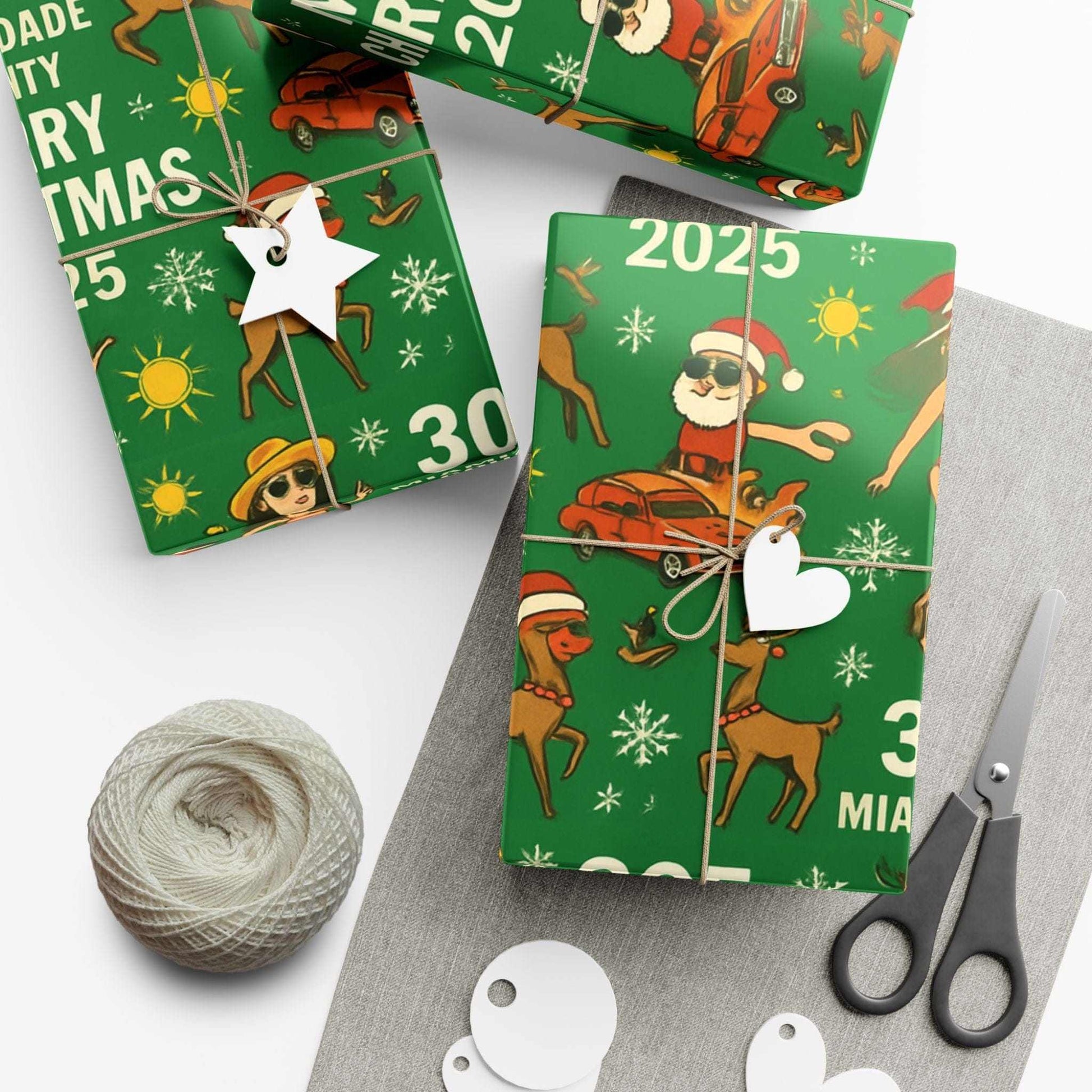 Miami Santa Gift Wrap Paper with lowrider Santa cruising Miami-Dade, vibrant colors on satin or matte recyclable paper