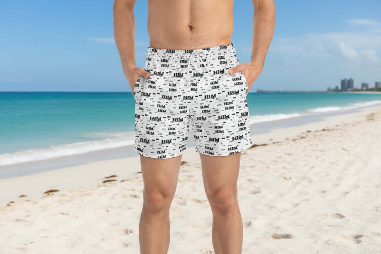 Men's HIM Pattern Swim Trunks with bold all-over print and adjustable drawstring waist