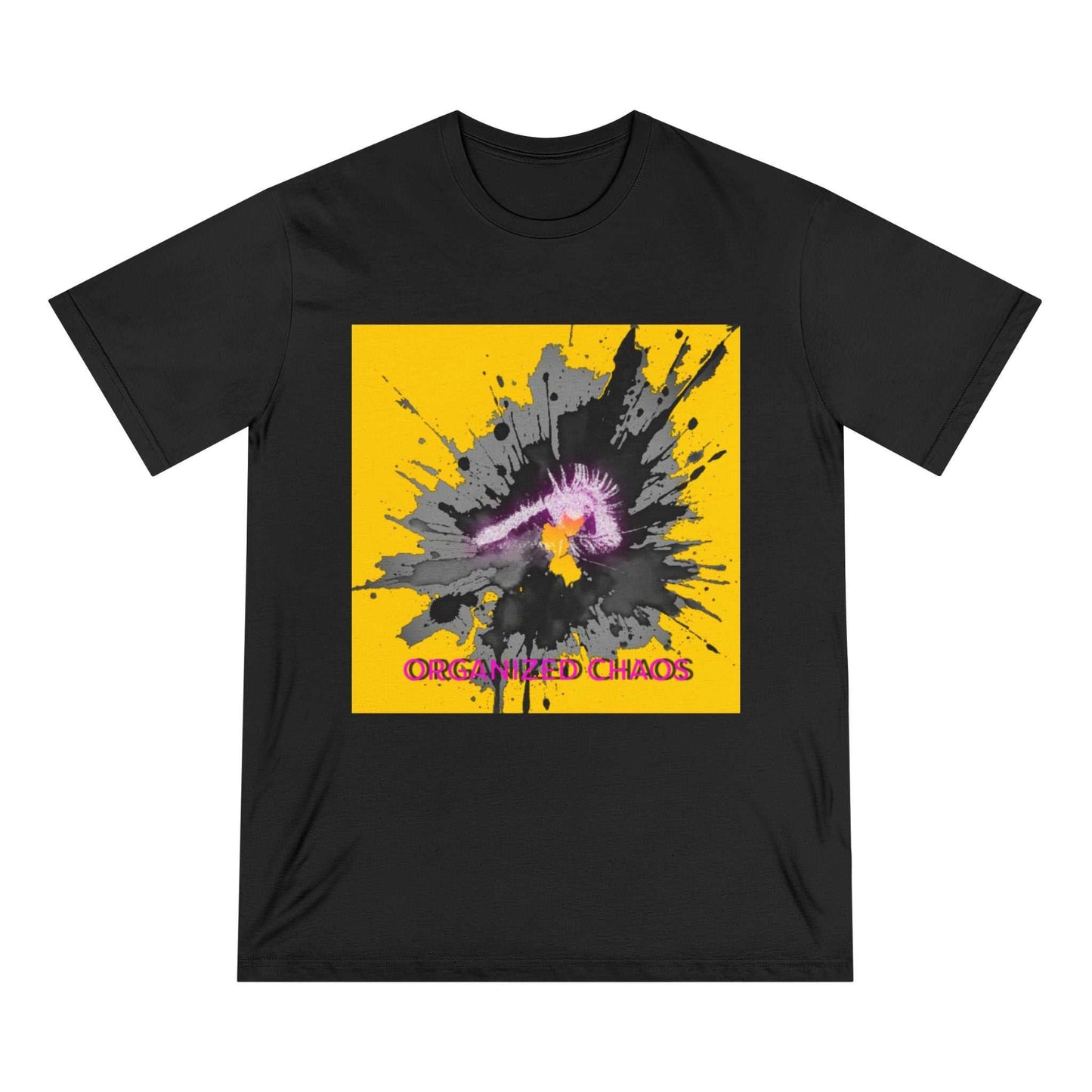 Pop Art Eye Silhouette neon purple and pink graphic on yellow organic cotton t-shirt