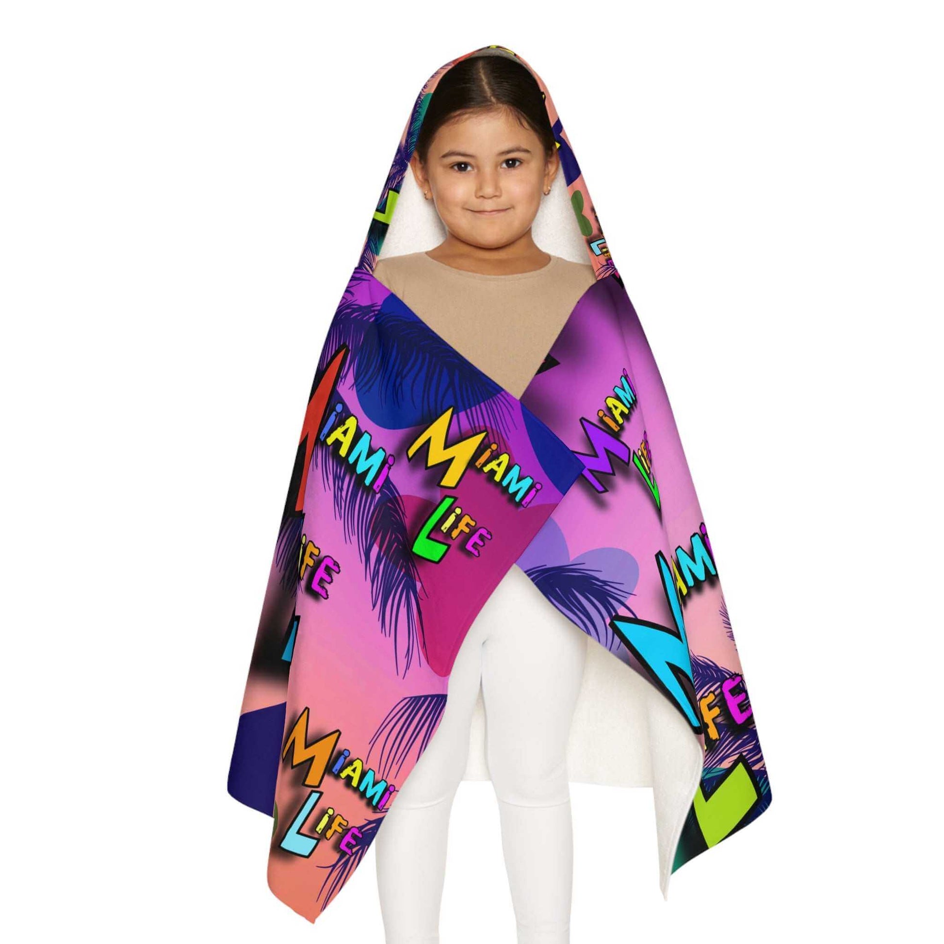 Miami Vibes Kids Hooded Towel with bright beach colors and quick-drying polyester outer