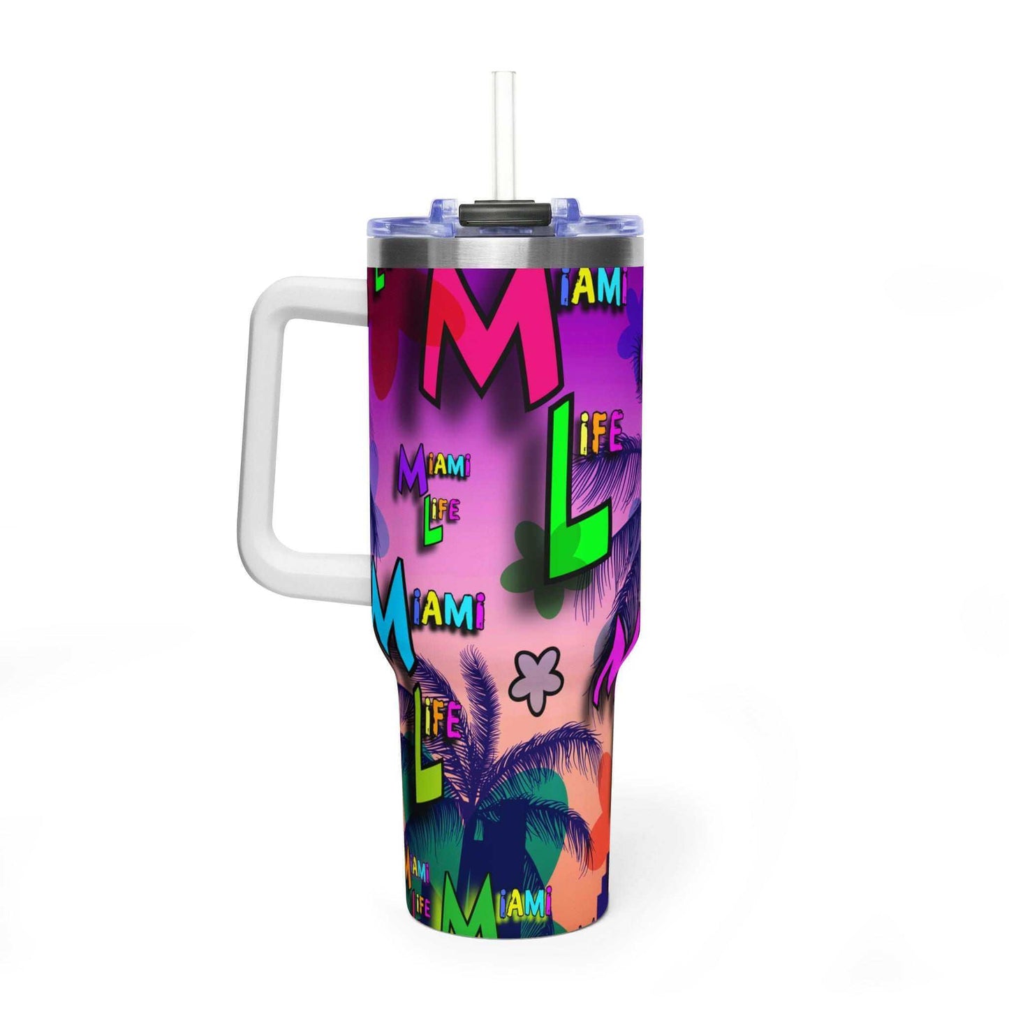Miami Life 40oz Vacuum Tumbler insulated travel mug with handle and bright beach colors