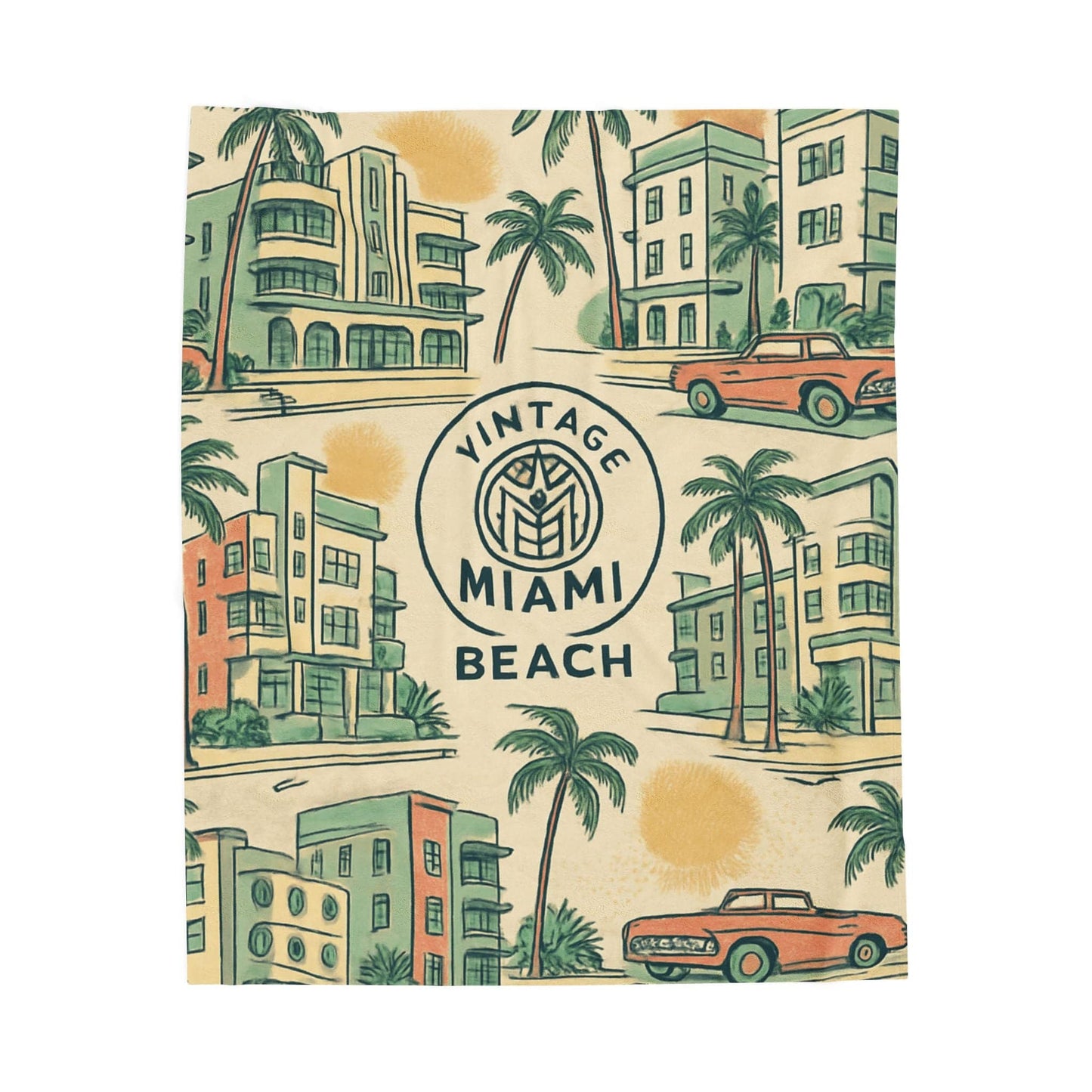 Vintage Miami Beach design with buildings, palm trees, and cars on a beige background.
