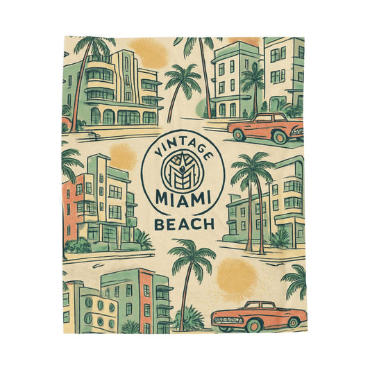 Vintage Miami Beach design with buildings, palm trees, and cars on a beige background.