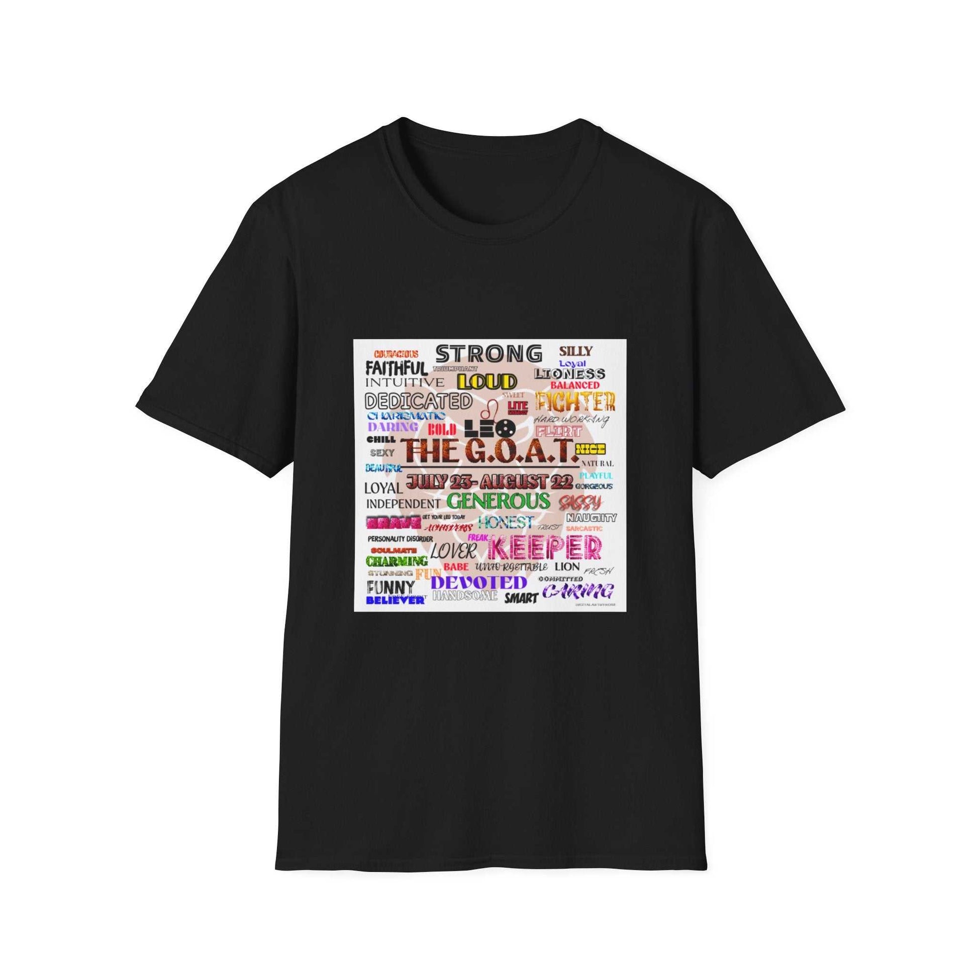 The G.O.A.T. Word Cloud T-Shirt with colorful birthday celebration word cloud design on soft cotton cotton tee