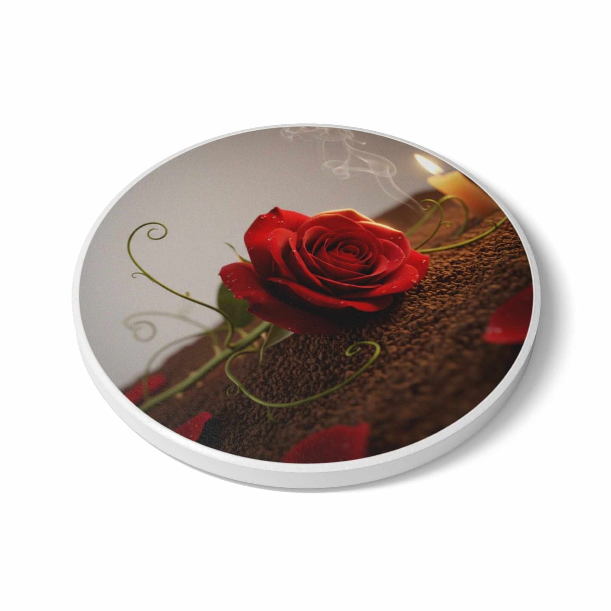 Romantic red rose candle on ceramic coaster with dirt tabletop design and smoky candlelight ambiance