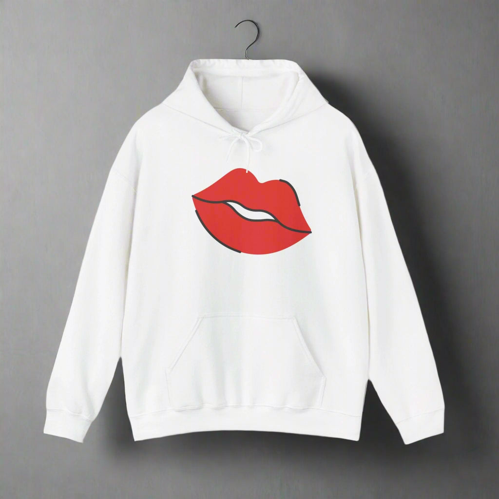 White hoodie with red lips graphic on a white background
