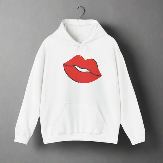 White hoodie with red lips graphic on a white background