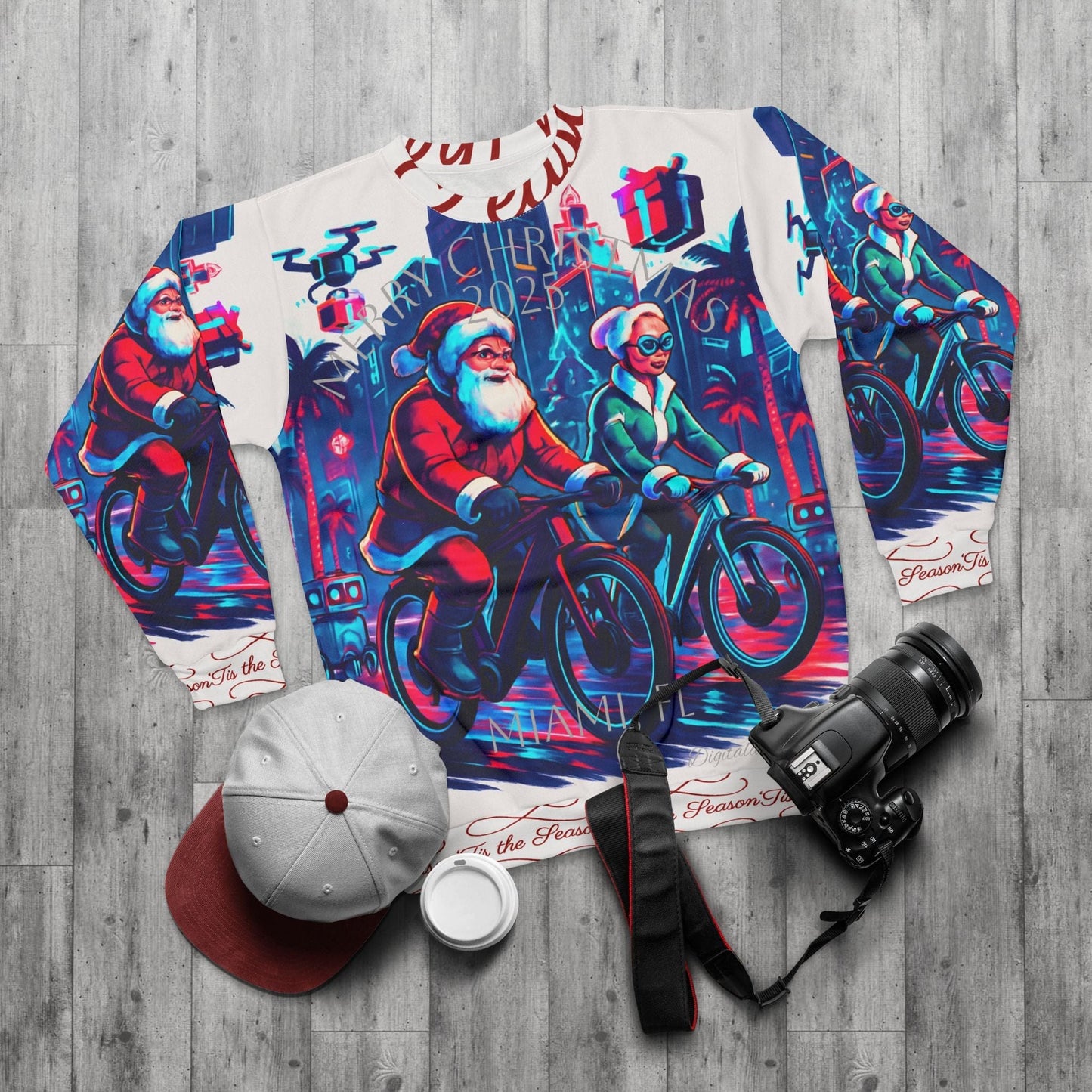 Christmas in Miami Unisex Sweatshirt - Mr & Mrs Clause Riding E-Bikes and Reindeer Walking in City
