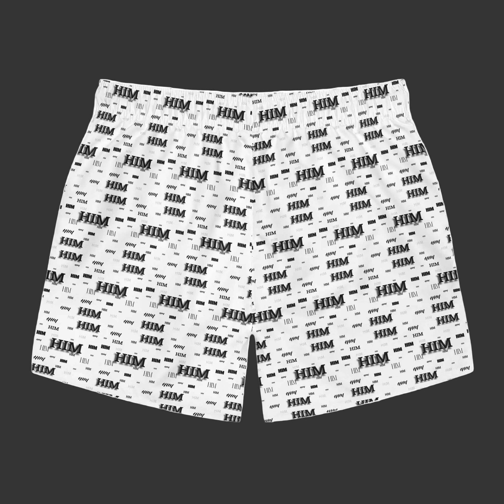 HIM pattern swim trunks with bold all-over print and adjustable drawstring waist