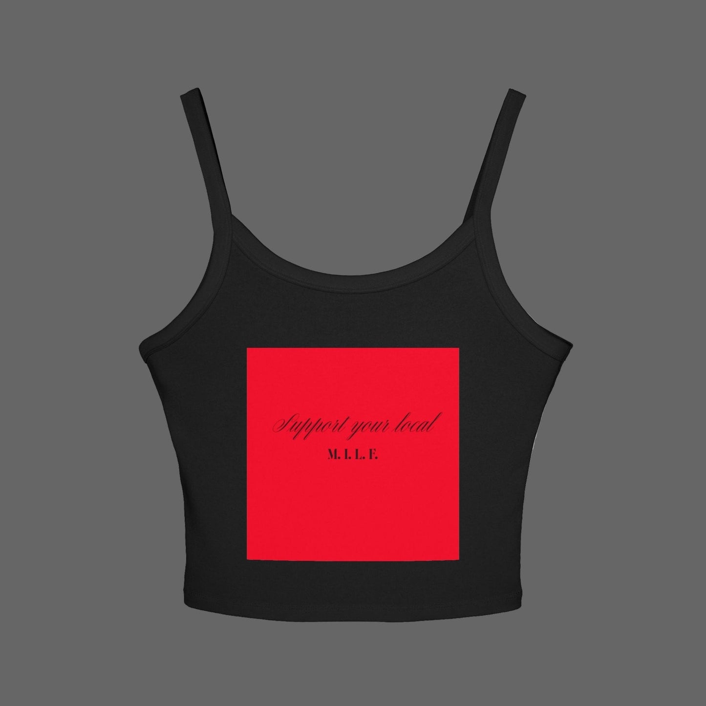 Black graphic tank top with a red square and text on a white background