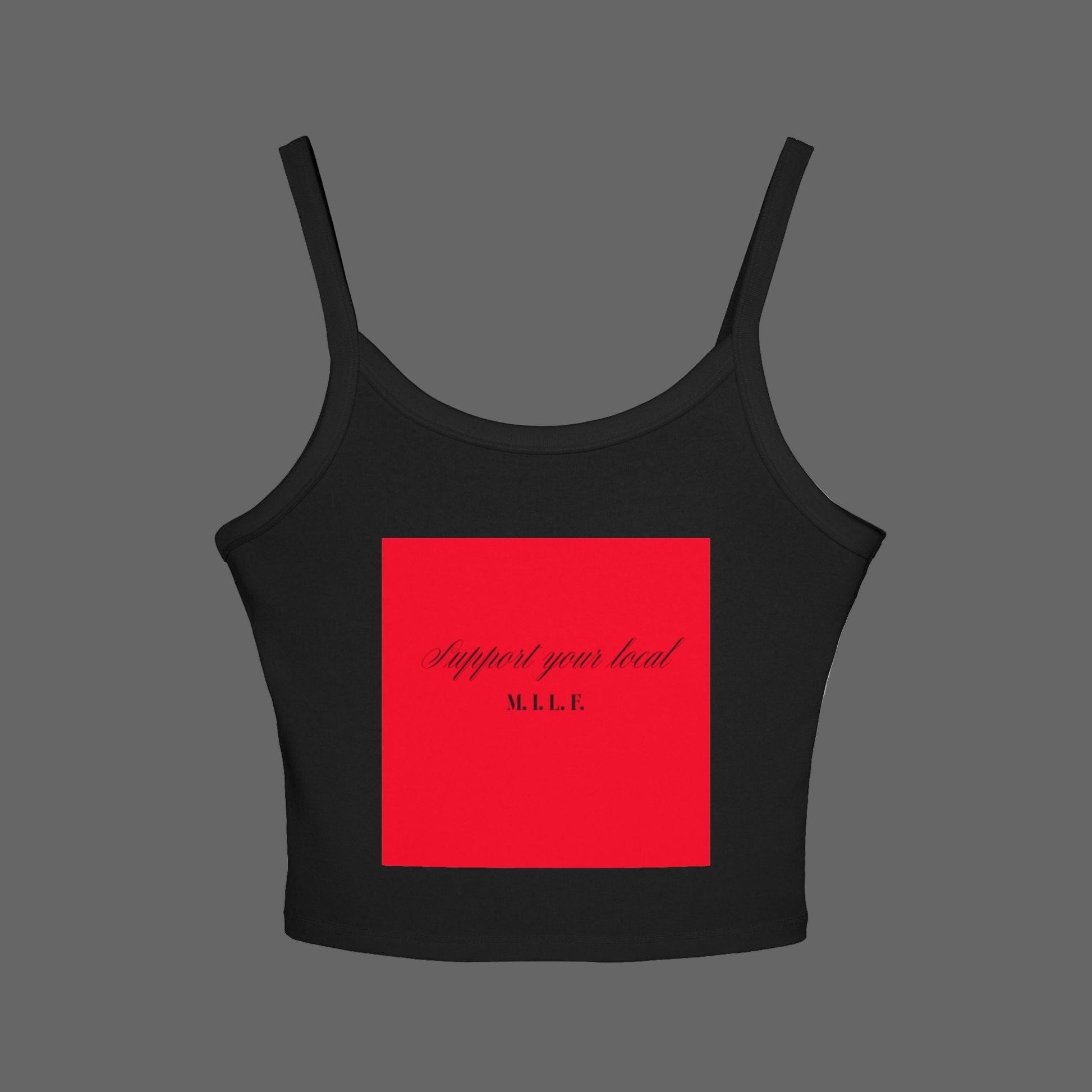 Black graphic tank top with a red square and text on a white background
