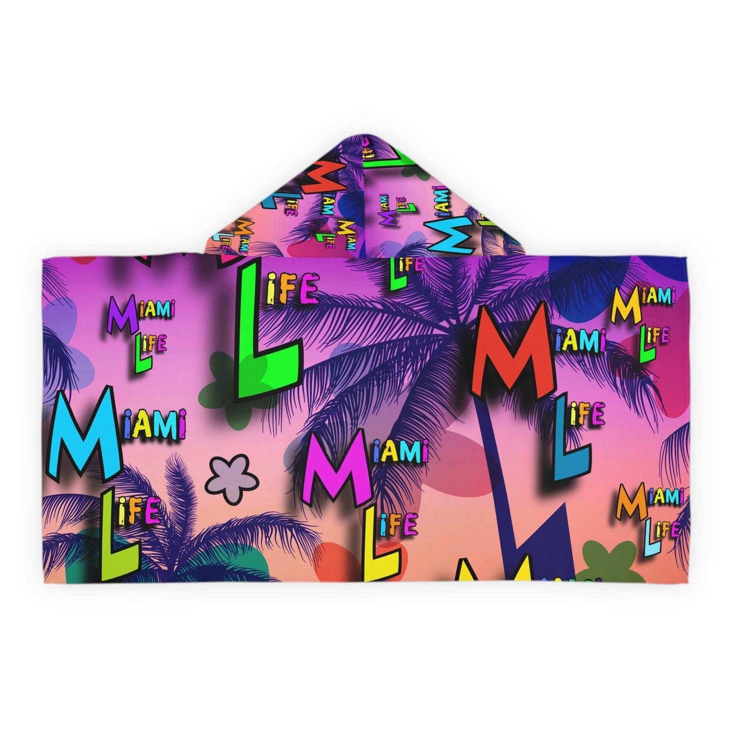 Miami Vibes Kids Hooded Towel with bold colorful beach print and soft absorbent lining